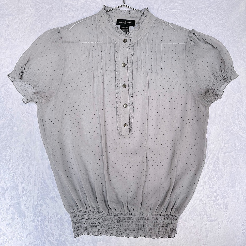 Gray Sheer Swiss Dot Blouse Jabot Neckline Smocked Waist Lace Trim Y2K Inspired